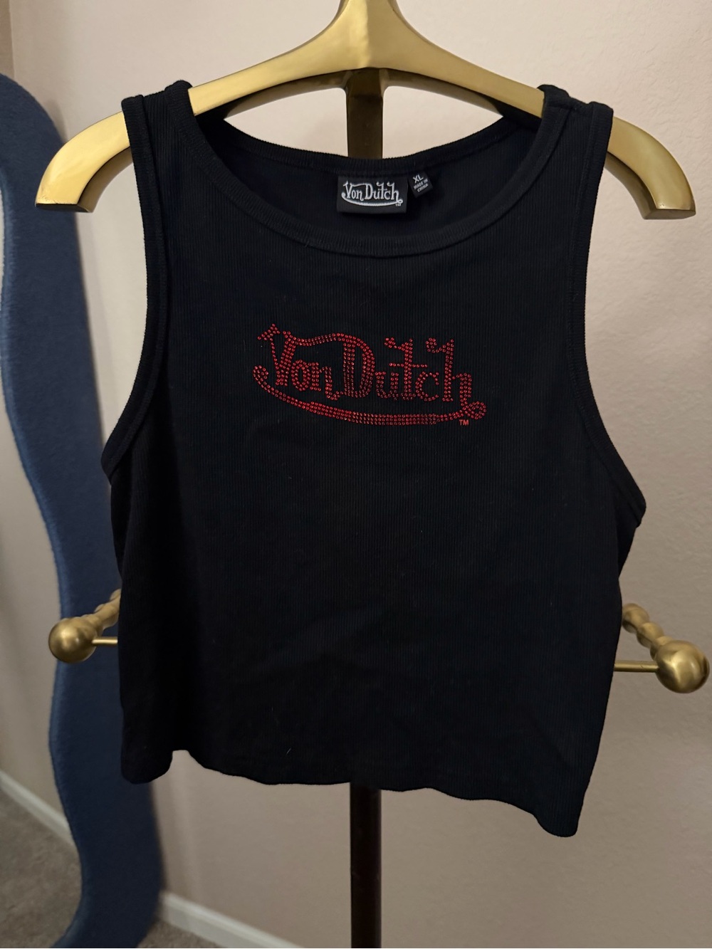 Von Dutch Black Ribbed Crop Tank with Red Logo Studs